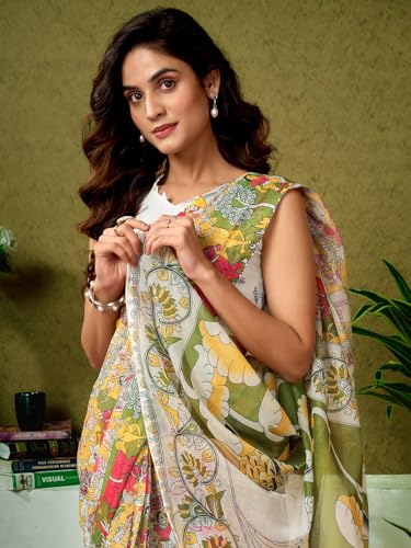 Image of Satrani Women's Chanderi Cotton Printed Ready To Wear One Minute Pre Pleated Readymade Saree with Unstitched Blouse Piece