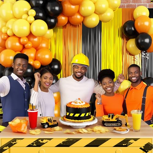Image of Construction Balloon Garland Arch Kit Birthday Party Decorations Supplies, Yellow Orange Black Foil Fringe Curtains Backdrop Tinsel Streamer Photo Booth Props Truck Car Themed Party Decor
