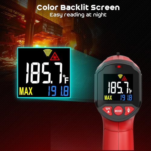 Infrarot-Thermometer, SQECH Temperaturmessgerät -50℃~ 600℃(-58℉~1112℉), mit Einstellbarem Emissionsgrad und Farbiger Hintergrundbeleuchtung, für Kochen, Pizzaofen, Kühlschrank, Industrie (Rot)