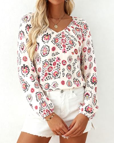 Zenlonr Womens Fall Tops Dressy Casual 2025 V Neck Satin Silk Printed Shirts Boho Long Sleeve Work Blouses(White Red Flower,Medium) — view 4