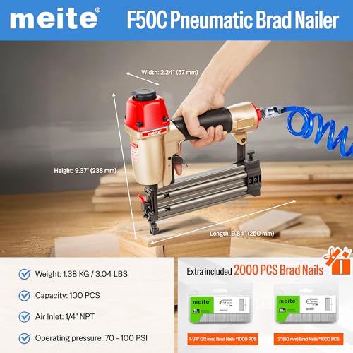 meite F50C Pneumatic Brad Nailer with 2000pcs Nails (1-1/4\", 2\"), Air 18 Gauge Brad Nailer Small Finish Nail Gun for Trim Work, Fires 18 Gauge Brad Nails 5/8 Inch to 2 Inch - Thumbnail 2