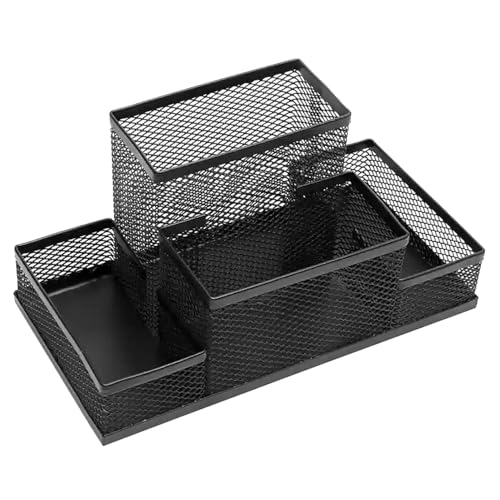 Metal Mesh Desk Organizer - Pen Holder - Paper Holder - Office Supplies - Accessories Storage Organizer for Home School - Black - 4 Sections - Black