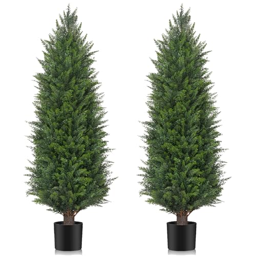 Kacorn 4FT Artificial Topiary Cedar Trees Set of 2, UV Resistant with Potted Faux Shrubs Plants for Long Lasting, Beautiful Fake Topiary Cypress Bushes for Indoor and Outdoor, Front Porch Decor