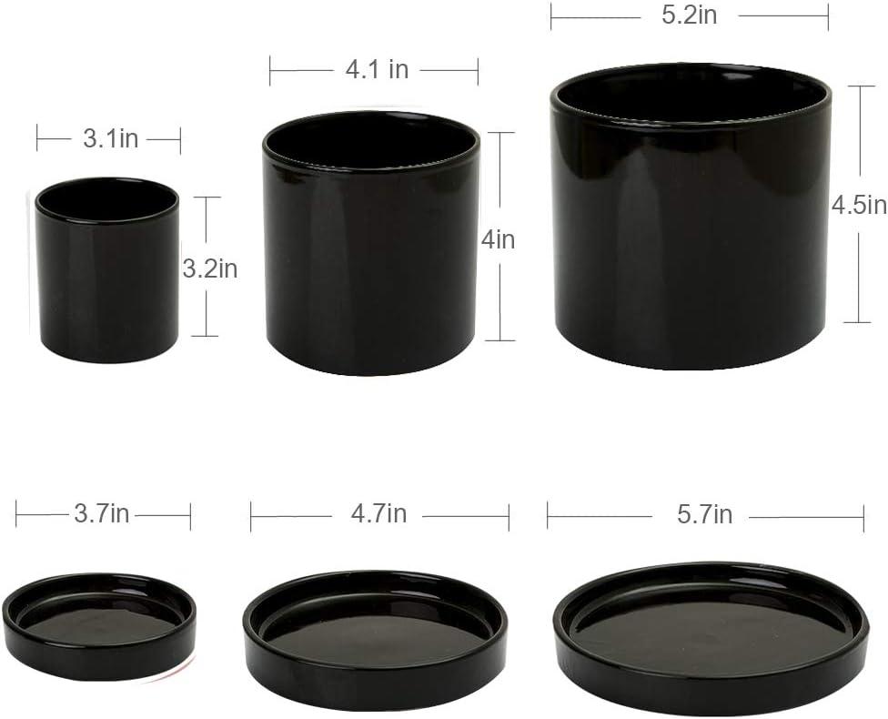 BUYMAX Glazed Plant Pots - 5” + 4” + 3” Ceramic Planters for Flowers, Cactus, Succulent Planting, with Drainage Hole & Ceramic Saucers, Set of 3 (Black)