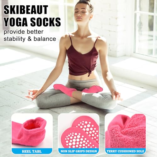 Image of SkiBeaut Grips Non Slip Socks for Women, 4 Pairs Yoga Pilates Anti Skid Woman Hospital Gripper Socks (5-12)