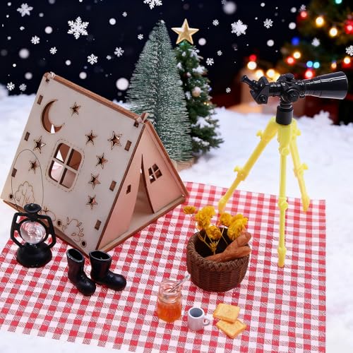 Wichtel Zubehör,Miniatur Zelt Lagerfeuer Zubehör Set 1:12-Puppenhaus Camping Deko mit Teleskop, Lampe, Brot & Weihnachtsbaum,Wichtelhaus Bastelset für DIY Puppenhaus, Weihnachtsdeko - B