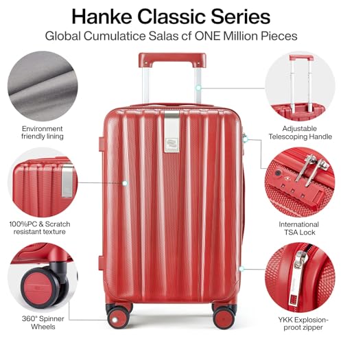 Image of Hanke 20 Inch Carry On Luggage 22x14x9 Airline Approved Lightweight PC Hard Shell Suitcases with Wheels Travel Luggage Rolling Suitcase Travel Luggage Bag for Weekender(Red)