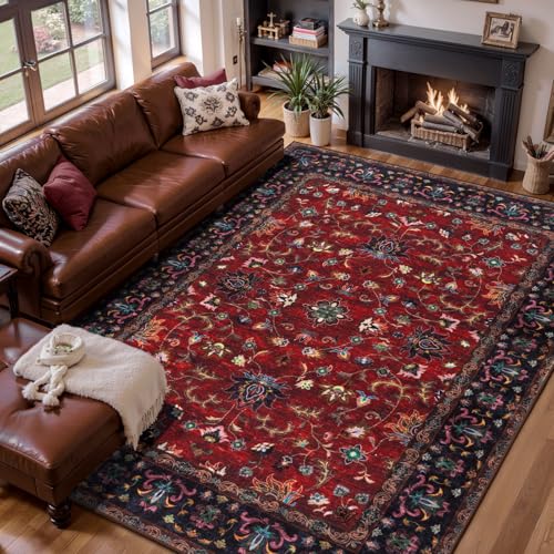 Tangsoo Boho Red 5x7 Washable Area Rug for Living Room, Indoor Non Slip Rug