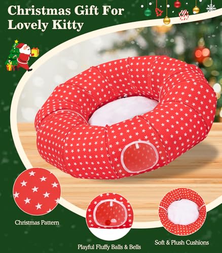 Image of Pawaboo Cat Tunnel Bed Under Christmas Tree, 35.4'' Christmas Cat Toy Circle Tunnel with Ball, Cats Tunnels Christmass Tree Skirt Decorative Festive Foldable Kitty Tube Tunnels for Cats(Red Star)