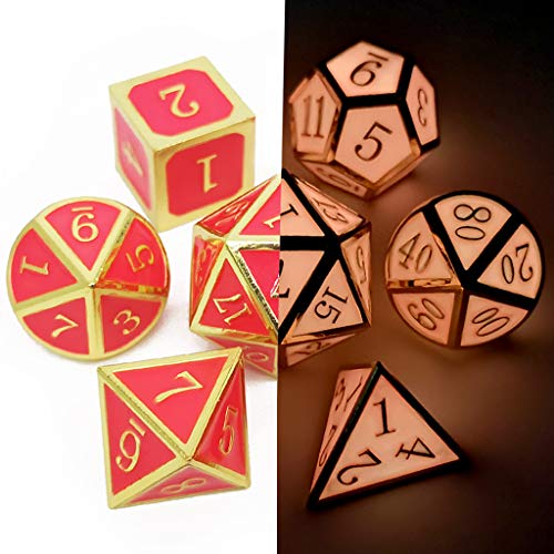 Haxtec 7Pcs Zinc Alloy DND Metal Dice Set Glow in The Dark Durable Polyhedral Glowing D20 D12 D10 D8 D6 D4 for Dungeons and Dragons RPG MTG Table Games