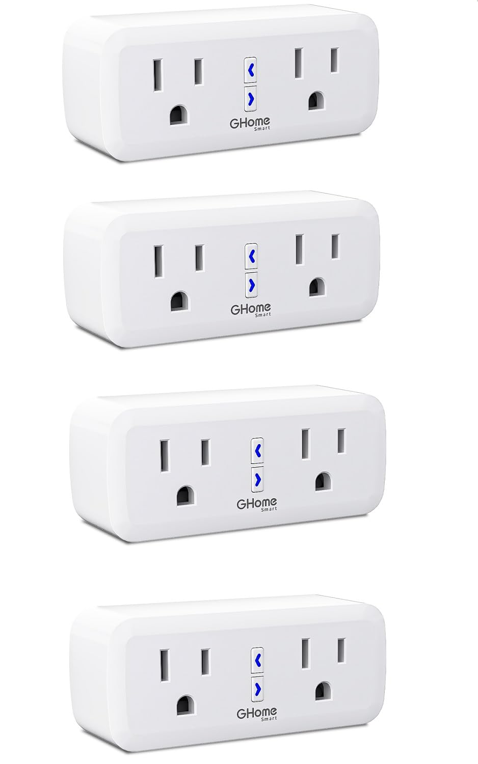 15A Dual Smart Plug 4 Pack, GHome Smart Plugs that Work with Alexa and Google Home, 2-in-1 Compact Smart Outlet Timer with APP Remote Control, 2.4GHz Wi-Fi Only, No Hub Required, FCC Listed