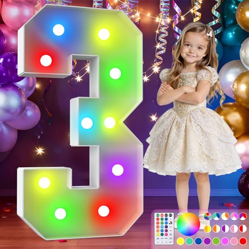 Image of 3FT Colorful Marquee Numbers,18-Color Number 3 with Remote Control Large Light Up Numbers Sign,Pre-Cut Foam Board Set for Party Decoration, Birthdays, Weddings, Graduations, Baby Anniversaries