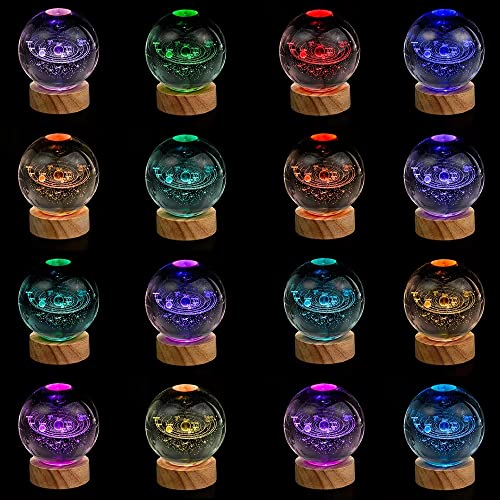 Image of 3D Solar System Crystal Ball Night Light with 16 Color LED Wooden Base, Upgraded 3.15 In Galaxy Planets Glass Ball Lamp with Remote Control Cool Astronomy Desk Decor Gifts for Kids Girls Boys Friends