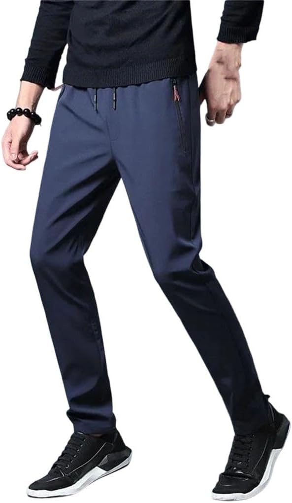 Men Casual Straight Slim Fit Pants Elastic Waist Jogger Style Daily Wear Trousers Dark Blue