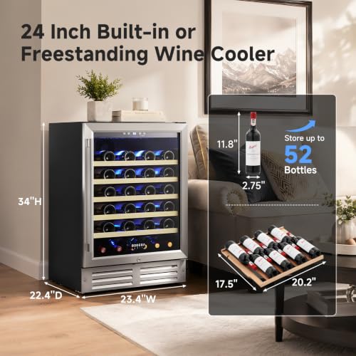 Image of BODEGACOOLER 24 Inch Single Zone Wine Fridge, 41℉ to 72℉, Holds 52 Bottles | Noise Level Below 42 dB, 6-Tier Beech Wood Shelves, Built-in or Freestanding Installation, For Home Kitchen Office
