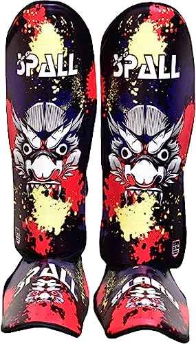 Spall Pro US Muay Thai Shin Guards for Kickboxing Martial Arts BJJ Boxing Equipment MMA Training and Sparring Leg Guard with Instep Protection Pads Scary Blue (Xrta Small)