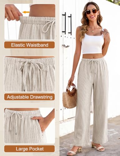 Image of Linen Pants for Women Boho High Waist Wide Leg Flowy Palazzo Pants | Summer Beach Vacation Pants, Cold Water Wash, Soft Casual Pants, High Waisted Drawstring, Elastic Waist Trousers, Sheer