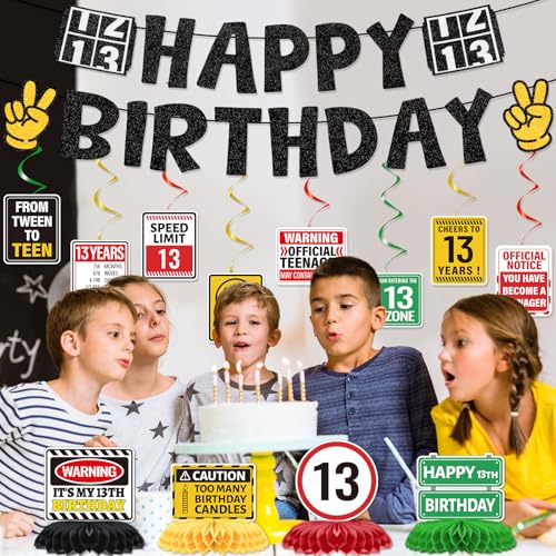 Image of 13th Birthday Decorations for Boys, 14PCS 13 Year Old Happy Bday Banners with Hanging Swirls Decoration Official Teenager Honeycomb Centerpiece Party Decor From Tween to Teen Supplies