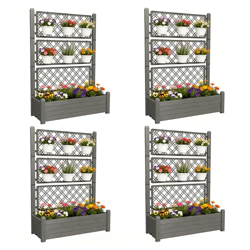 Tramull 5' Tall Raised Garden Bed with Trellis, Self Watering Planter Box for Outdoor Climbing Plants Resin Garden Lattice for Vegetables, Flowers, Tomato & Vine with Drainage Holes (Coffee, 4 Pack)
