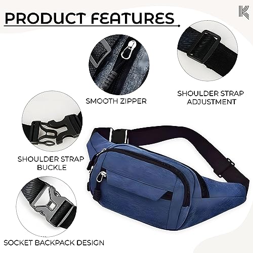 Image of Kraptick Premium Unisex Waist Bag for Men and Women - Stylish Travel Pouch, Fanny Pack, Running Waist Pack (Blue)