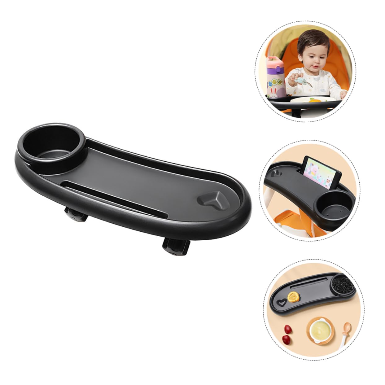 Plateau à Goûter pour Poussette Amovible avec Porte-gobelet Noir | Plastique, Stable et Sûr, pour Pram et Pushchair, Accessoire Bébé Pratique