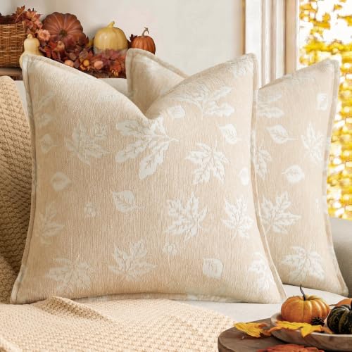 Foindtower Pack of 2 Decorative Fall Chenille Jacquard Throw Pillow Covers Textured Modern Farmhouse Cushion Cover Accent Autumn Home Decor for Sofa Chair Couch Bed Living Room,18×18 Inch,Ivory White by Foindtower - Used condition - US$14.88