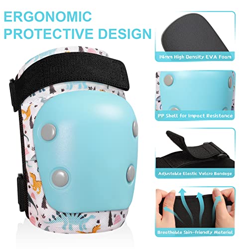 Knee Pads For Kids Unicorn Dinosaur Knee Elbow Pads Wrist Guards With Drawstring Bag, Protective Gear Set For Girls Boys Kids Knee And Elbow Pads Set For Skating Cycling Scooter(3-8, 7-15 Years) #TOP3