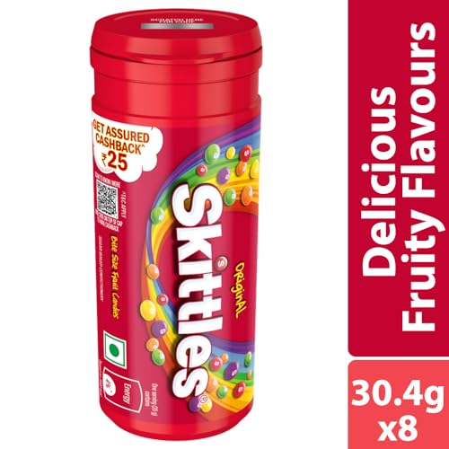 Image of Skittles Original Chewy Fruit Candy Pack | Bite-Size Fruit Candies | Delicious Fruity Flavours (Lemon, Apple, Grape, Strawberry, Orange)| Imported Candies|27.3 g | Pack of 8