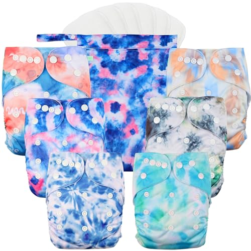 Image of wegreeco Cloth Diapers 6 Pack with 6 Inserts & 1 Wet Bag, Washable Cloth Diapers for Babies, One Size Adjustable Reusable (Tie-dye, Ink)