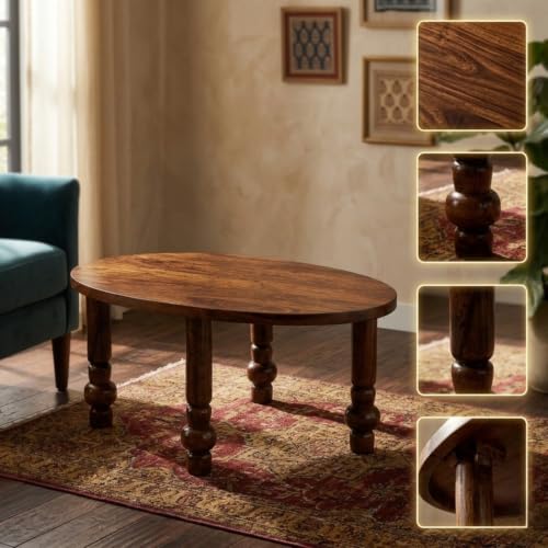Image of Solid Sheesham Wood Round Coffee Table | Wooden Center Table for Living Room | Classic Tea Table with Turned Legs | Decorative Sofa Table for Lounge Area | Stylish Accent Furniture | Brown