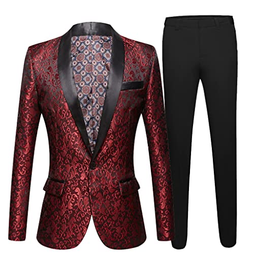 Burgundy Men's Suit Slim Tuxedo Tailored Suit Groom Prom Wedding Suit (Jacket + Black Trousers)