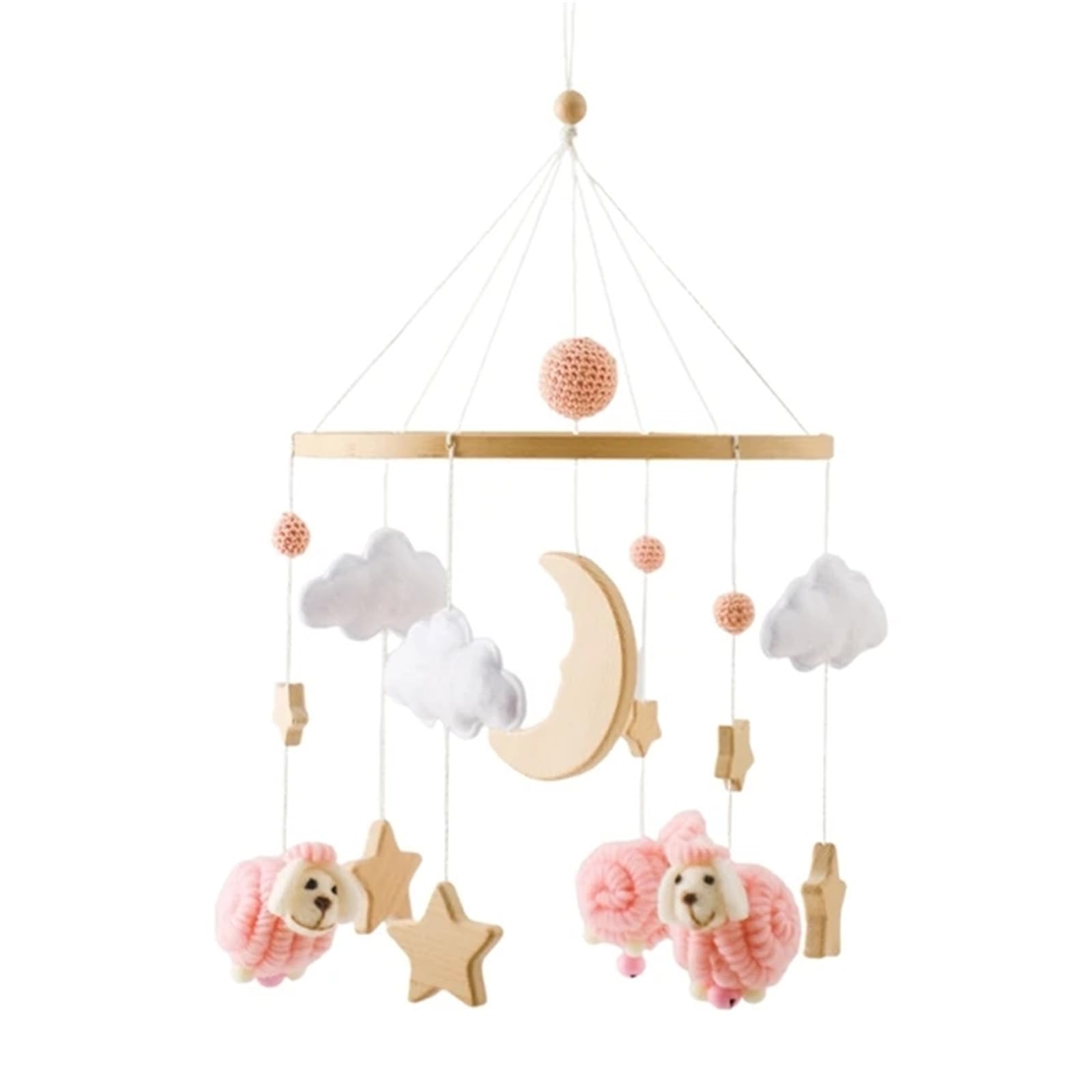 Tiere Holz Mobile Baby Windspiele mit Filzbällen, Stern Mond Lamm Mobile Baby Mädchen Bettglocke Anhänger für Babybett Jungen und Mädchen (Rosa)