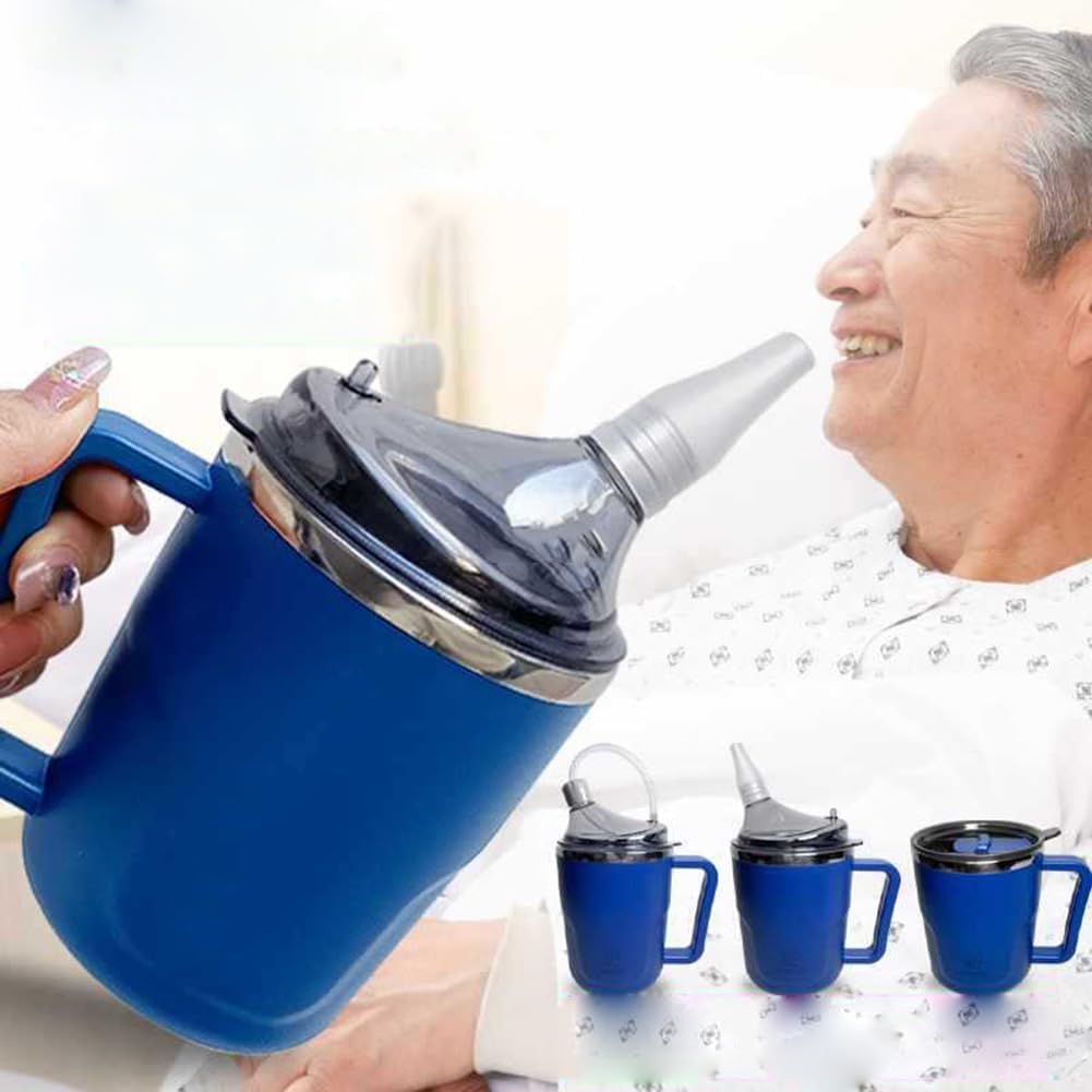 Vaso de acero inoxidable con tapas y popote, termo antifugas de 400 ml para personas con discapacidad y ancianos
