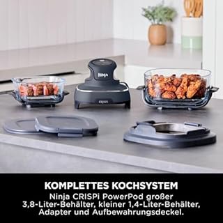 Ninja CRISPi tragbare Airfryer Heißluftfritteuse, 3,8 l, 4-in-1: Heißluftfrittieren, Braten, Warmhalten, Recrisp, kompakt, 6 Portionen, 2x herausnehmbare Glasbehälter & Deckel, 1.700 W, Grau FN101EUGY