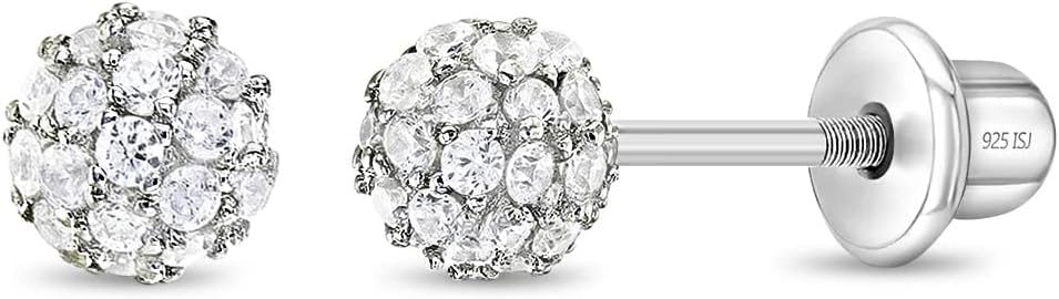 925 Sterling Silver 4mm Cubic Zirconia Burst Screw Back Earrings Stud for Toddlers & Girls - Sparkling Fireball CZ Earrings for Little Girls - Quality Sterling Silver for Sensitive Ears