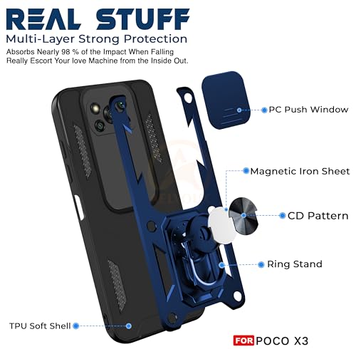 Image of Armor Bumper Back Cover Case for Poco X3 Rotating Camera Cover, Ring Holder & Kickstand | Heavy Duty & 360 Degree Protection Poco X3 Back Cover (Blue)
