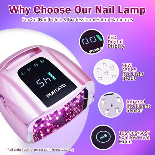 Image of PURTATO Professional Rechargeable 96W UV LED Portable Cordless UV Light for Nail Lamp Machine with Removable Stainless Steel Bottom,4 Timer Setting and Smart Sensor Nail Dryer (Plating Pink)