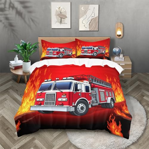 ZKTCYC Housse de Couette Enfant Camion de Pompiers Housse de Couette 90x190 Enfant Garçon Fille Adulte Parure de Lit en Microfibre avec Fermeture éClair