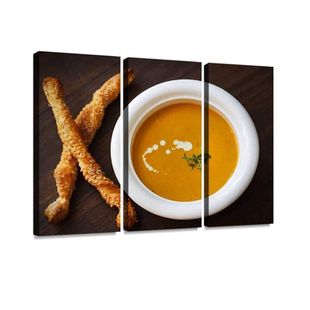 BELISIIS Soup with creamed Carrots, Potatoes, Thyme and Sesame breadsticks Wall Artwork Exclusive Photography Vintage Paintings Print on Canvas Home Decor Wall Art 3 Panels Framed Ready to Hang