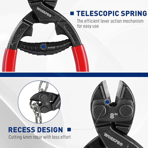 WORKPRO Compact Bolt Cutter 200 mm with Spring, Cr-V Heavy Duty Small Wire Cable with Ergonomic Rubber Grip - Image 4