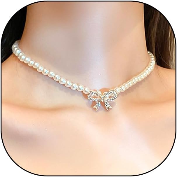 Glitter Rhinestone Bowknot Pearl Choker Necklace for Women,Classic Statement Crystal Bow Pearl Collarbone Necklace,Dainty Wedding Christmas Jewelry Gifts