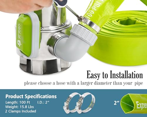 Green Expert Mangueira de descarga plana de 2 polegadas ID lay, 30,5 m com braçadeiras, mangueira de