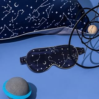THXSILK Sleep Mask 100% 19 Momme Pure Mulberry Silk Super Smooth Cooling Decorative Sleep Eye Mask Blackout Eye Cover with Wide Head Strap, Constellation-Navy