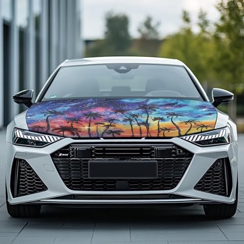 Image of 3.3x5 Ft Coconut Tree Print Car Hood Cover Elastic Polyester Car Hood Protector Snowproof Auto Accessories Suitable Most Auto Sedans Pickup Trucks SUVs