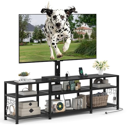 Image of VECELO TV Stand with Mount and Power Outlet, Height Adjustable Entertainment Center with Storage Shelves for 55 /65 /70 /75 /80 inches Televisions, Console Table for Living Room, Bedroom, Matte Black