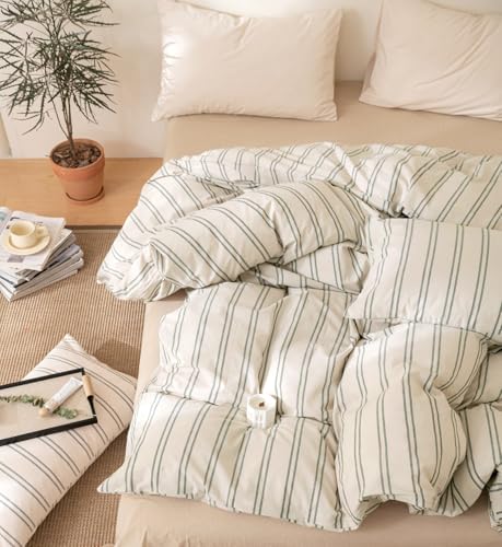 Image of VM VOUGEMARKET 100% Washed Cotton Striped Duvet Cover Sets King,Beige Duvet Cover with Gray Stripes Pattern Printed Comforter Cover with Zipper Closure & Corner Ties(3pcs,King Size)