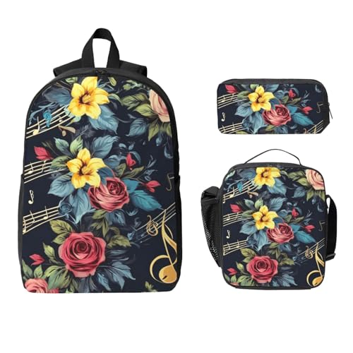 Musical Note Floral print Backpack Bookbag for Daily Use,3 Pcs Backpack Set with Lunch Box and Pencil Case2