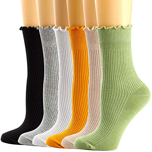 Womens Crew Socks Ruffle Turn-Cuff Dress Socks Casual Cotton Knit Warm Comfy Lettuce High Ankle Socks For Women 6/7 Pack