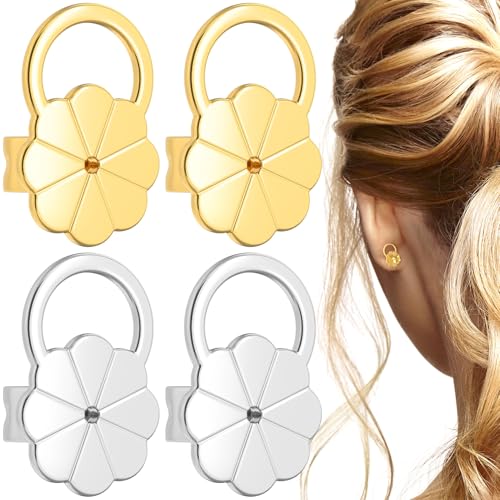 HINZIC 2 Pairs 8mm Earring Lifters, Hypoallergenic Large Earring Backs for Droopy Ears, 18K Gold White Adjustable Earring Backs for Heavy Earrings