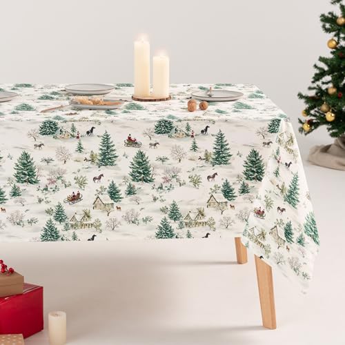 GAMUSI Nappe Anti-Taches de Noël Forêt Coton Imprimé Rectangulaire Tissu Coton 160 x 300 cm Vert